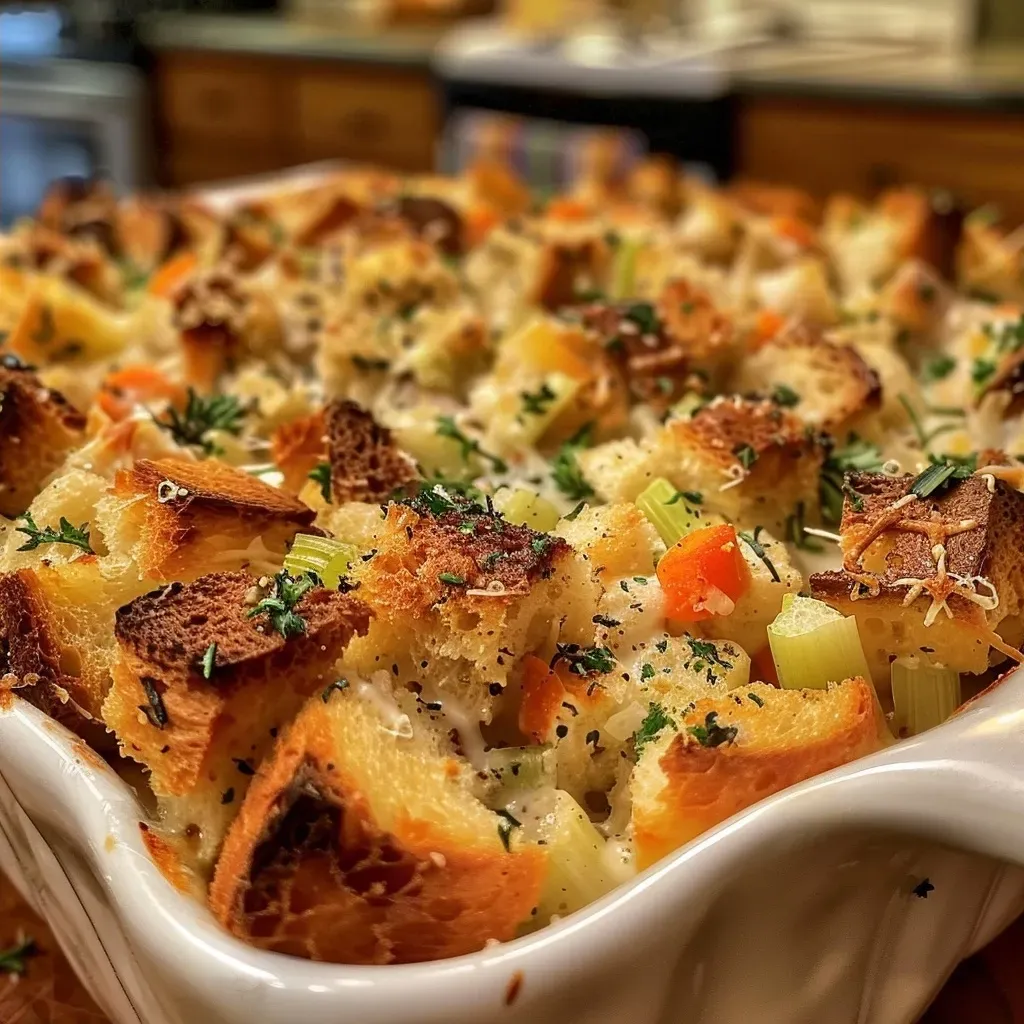 Close-up view of a cheesy bread pudding stuffing, showcasing a golden-brown top.