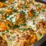['Close-up of a cheesy garlic pumpkin chicken bake, showcasing melted mozzarella and a golden crust.', 'Side view of a succulent chicken bake topped with pumpkin puree and herbs, garnished with parsley.', 'Delicious cheesy chicken dish with a creamy pumpkin sauce, garlic pieces, and melted cheese.', 'Juicy chicken breasts baked with pumpkin puree and garlic, finished with a sprinkle of mozzarella.']