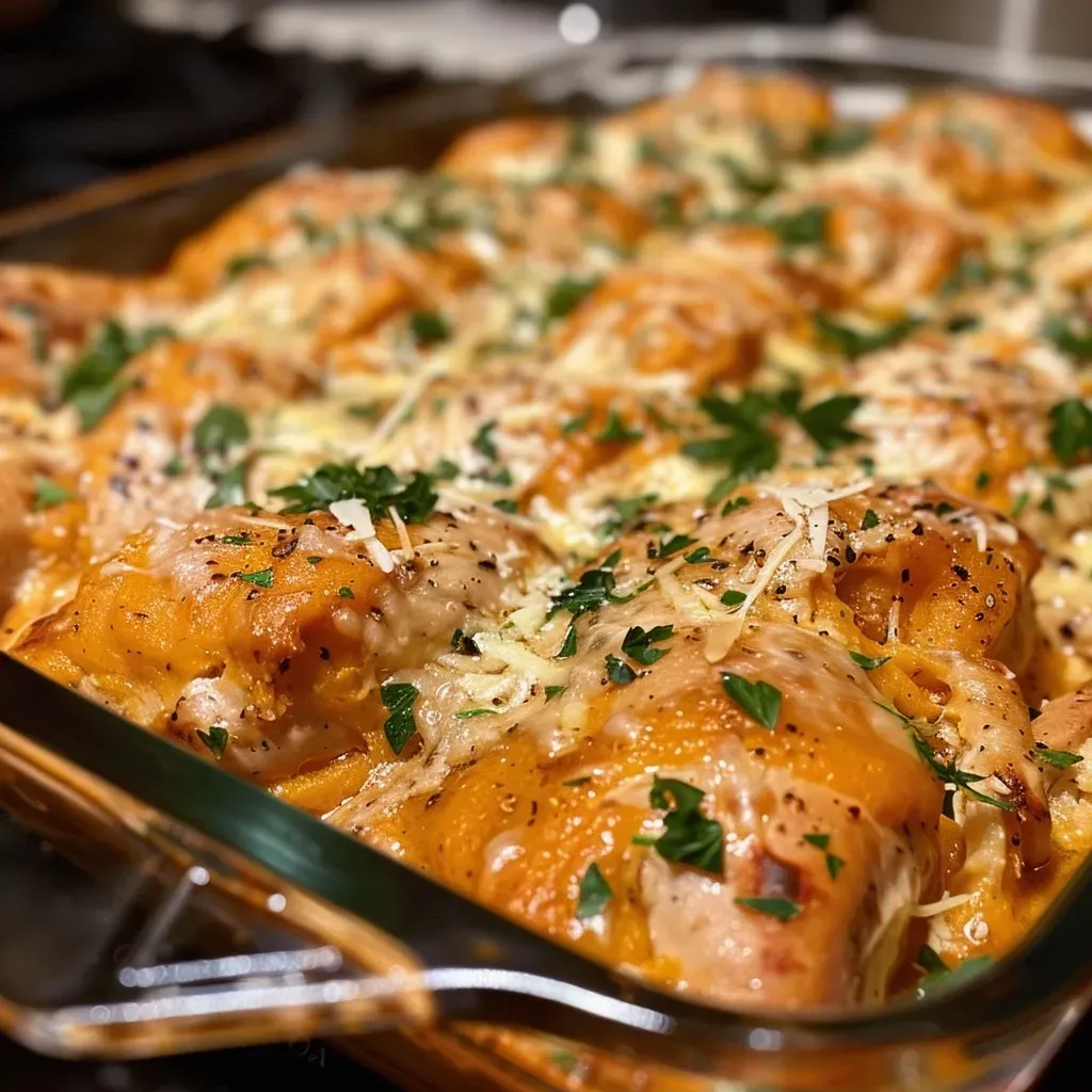 ['Close-up of a cheesy garlic pumpkin chicken bake, showcasing melted mozzarella and a golden crust.', 'Side view of a succulent chicken bake topped with pumpkin puree and herbs, garnished with parsley.', 'Delicious cheesy chicken dish with a creamy pumpkin sauce, garlic pieces, and melted cheese.', 'Juicy chicken breasts baked with pumpkin puree and garlic, finished with a sprinkle of mozzarella.']