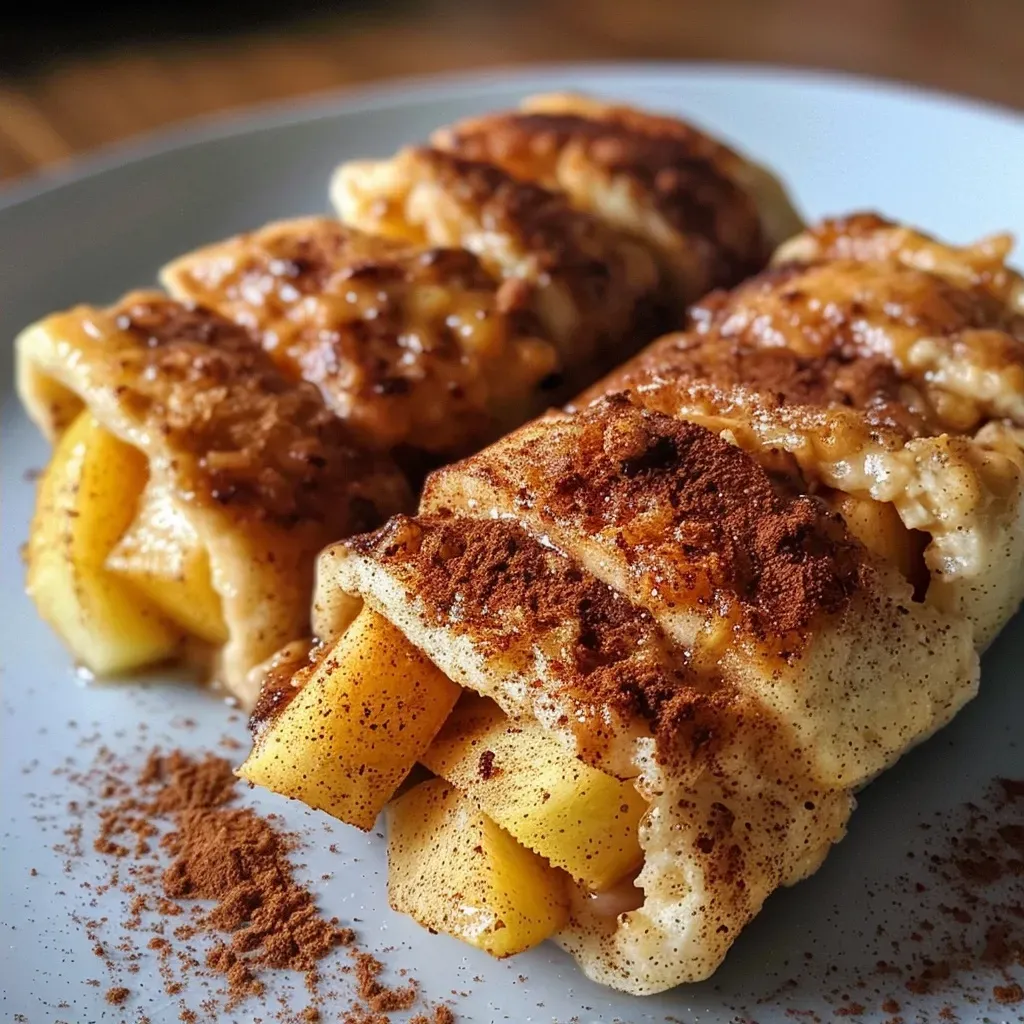 Close-up view of Cinnamon Apple Protein Rollups on a plate, showcasing a golden-brown exterior.