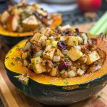 ['Close up view of a Cinnamon Apple Stuffed Squash with visible apple and cranberry filling.', 'Side view of an acorn squash stuffed with a rich cinnamon apple mixture, showcasing warm colors.', 'Juicy Cinnamon Apple Stuffed Squash presented on a rustic surface, highlighting the ingredients inside.', 'Detailed shot of Cinnamon Apple Stuffed Squash with glistening apples and golden butter sheen.']
