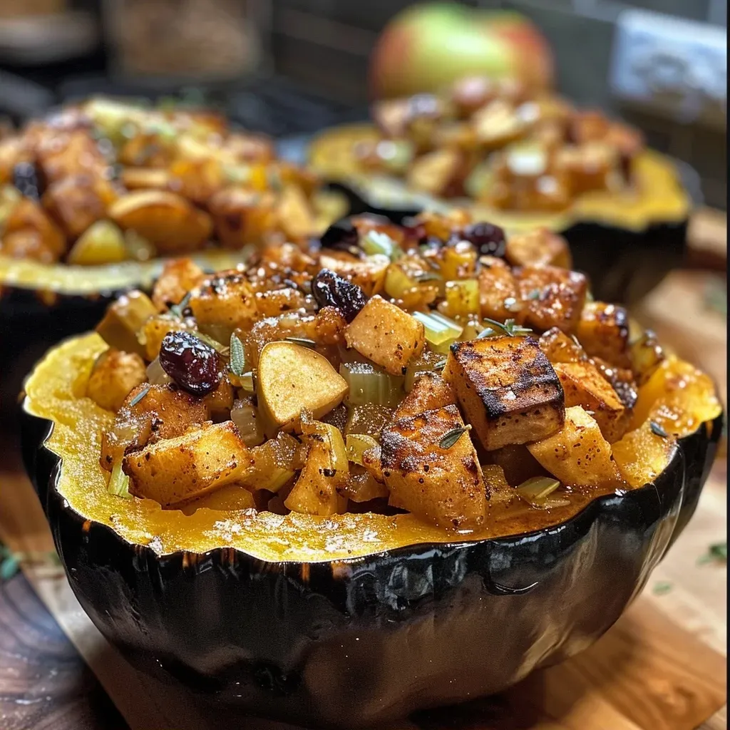 ['Close up view of a Cinnamon Apple Stuffed Squash with visible apple and cranberry filling.', 'Side view of an acorn squash stuffed with a rich cinnamon apple mixture, showcasing warm colors.', 'Juicy Cinnamon Apple Stuffed Squash presented on a rustic surface, highlighting the ingredients inside.', 'Detailed shot of Cinnamon Apple Stuffed Squash with glistening apples and golden butter sheen.']