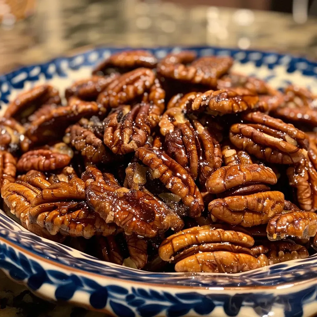 Close-up view of cinnamon maple roasted pecans arranged on a wooden surface.