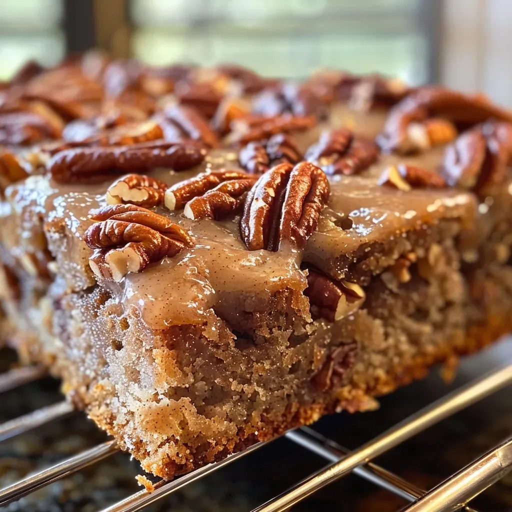 ['Close-up view of a moist cinnamon pecan coffee cake.', 'Side view of a cinnamon pecan coffee cake with a golden-brown crust.', 'Delicious coffee cake topped with pecans and cinnamon, showcasing layers.', 'A slice of cinnamon pecan coffee cake with visible pecan chunks and cinnamon swirl.']