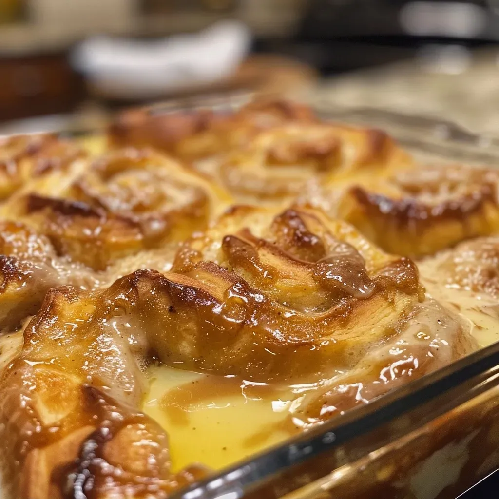 ['Close-up of a golden-brown cinnamon roll casserole with icing drizzled on top.', 'Side view of a deliciously baked cinnamon roll casserole showing cinnamon swirls and icing.', 'Juicy cinnamon roll casserole in a baking dish, adorned with powdered sugar and syrup.', 'Warm cinnamon roll casserole served in a dish, featuring a gooey texture and sweet glaze.']