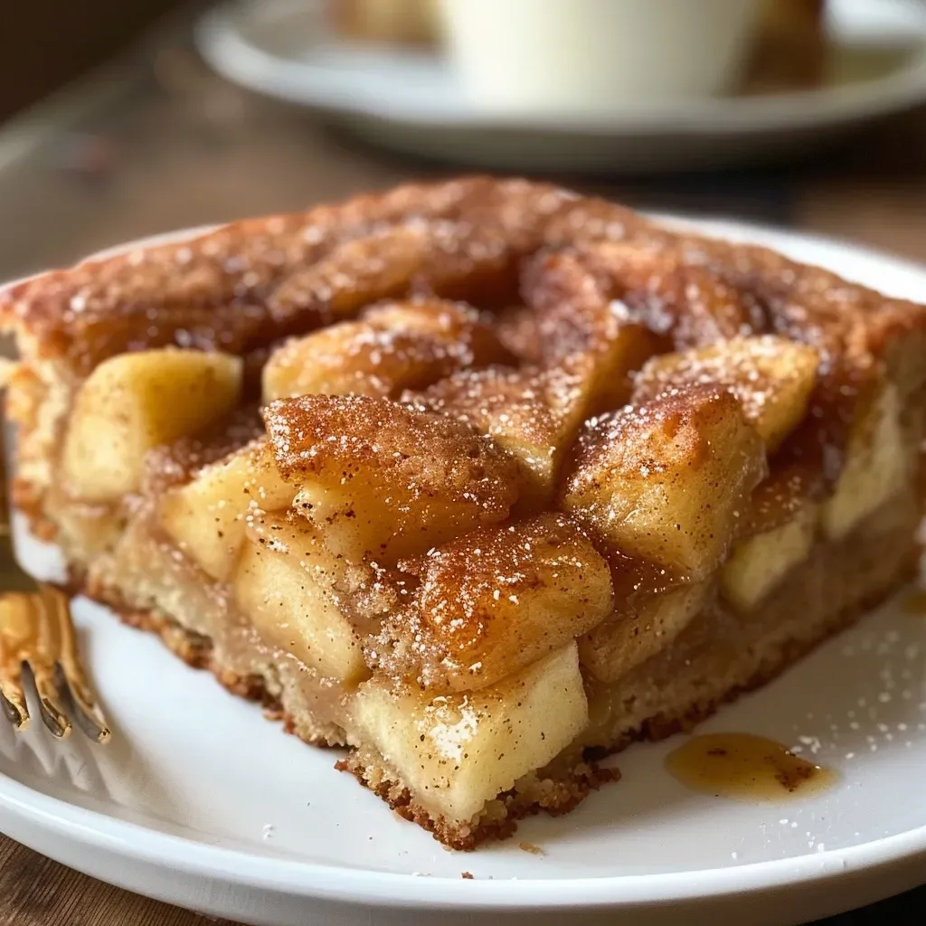 Close-up view of a moist cinnamon sugar apple cake with a golden-brown top.