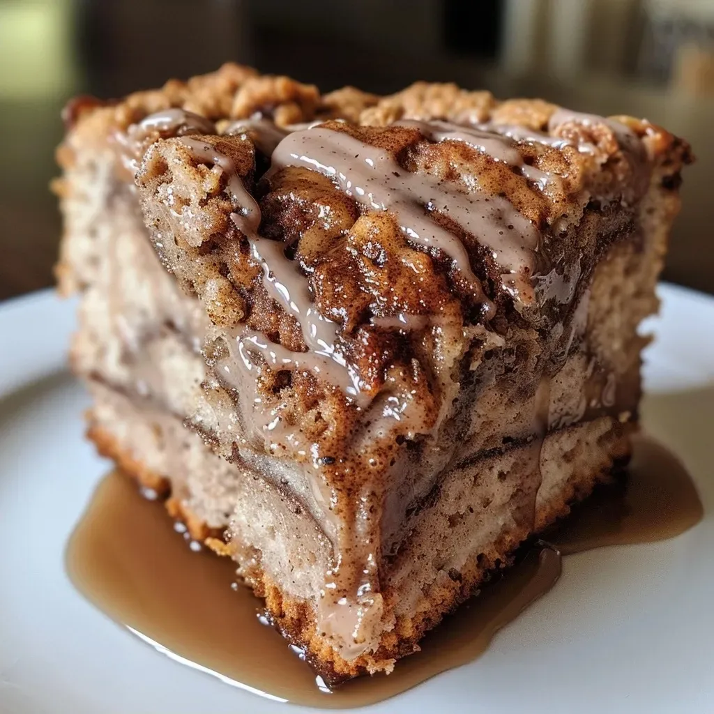 A close-up side view of a moist Cinnamon Swirl Protein Cake with a golden-brown top.