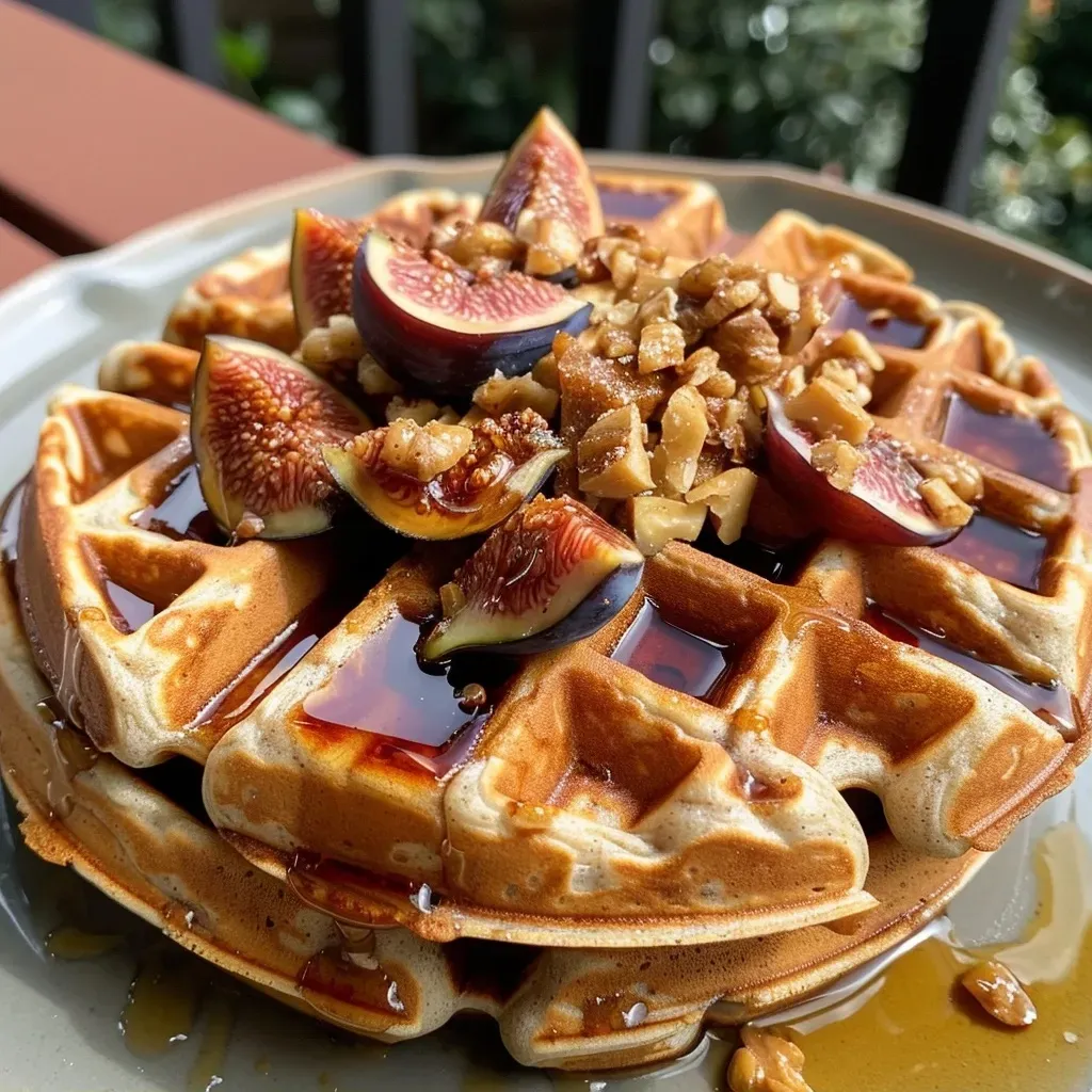 ['Close-up of golden-brown waffles topped with figs and walnuts.', 'Side view of fluffy waffles showcasing a sprinkle of cinnamon and chopped walnuts.', 'Delicious waffles garnished with sliced figs and a drizzle of syrup.', 'Irresistible stack of waffles with visible texture and toppings of walnuts and figs.']
