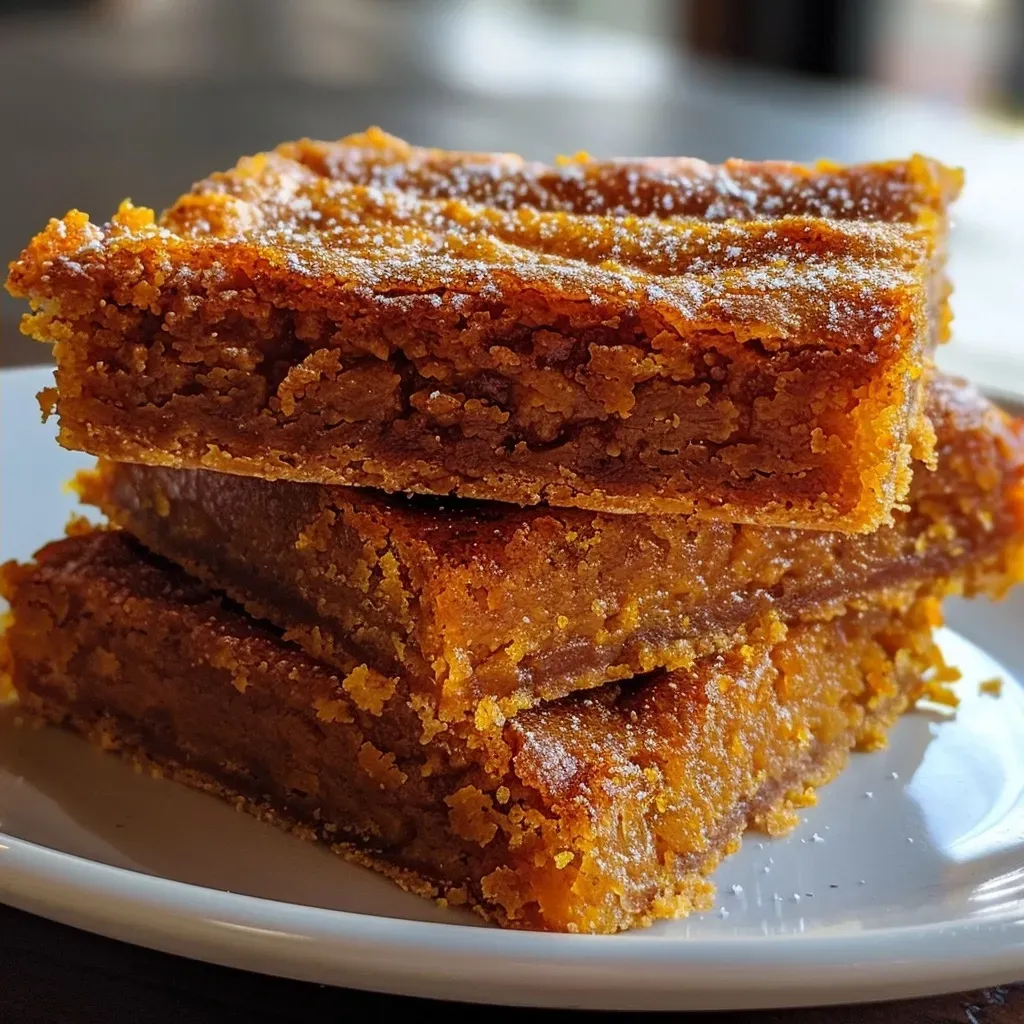 Close-up view of a slice of classic pumpkin bars topped with a light glaze.