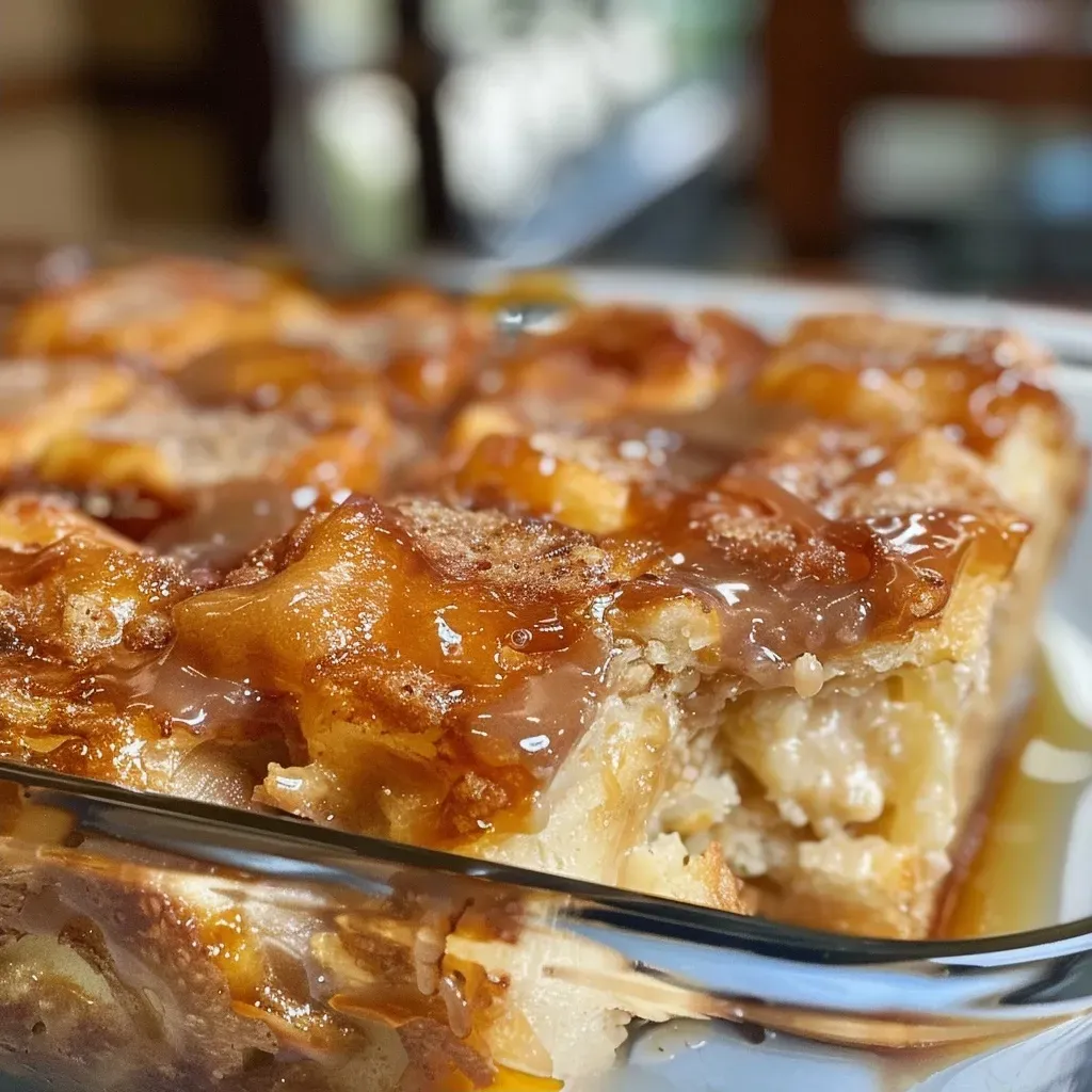 Close-up view of a slice of Copycat Krispy Kreme Donut Bread Pudding.