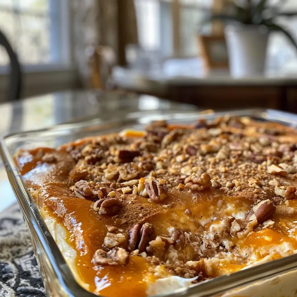 Close-up view of a delicious cottage cheese pumpkin bake with a golden crust and pecan topping.