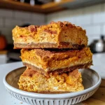 ['Close-up of Cottage Cheese Pumpkin Cake Bars showcasing a moist texture and vibrant orange color.', 'Side view of golden-brown Pumpkin Cake Bars with visible chunks and spices, served on a plate.', 'Delicious Cottage Cheese Pumpkin Cake Bars displayed with a rich pumpkin hue and topped lightly.', 'Juicy Pumpkin Cake Bars with a creamy texture and dusted with cinnamon, captured from the side.']