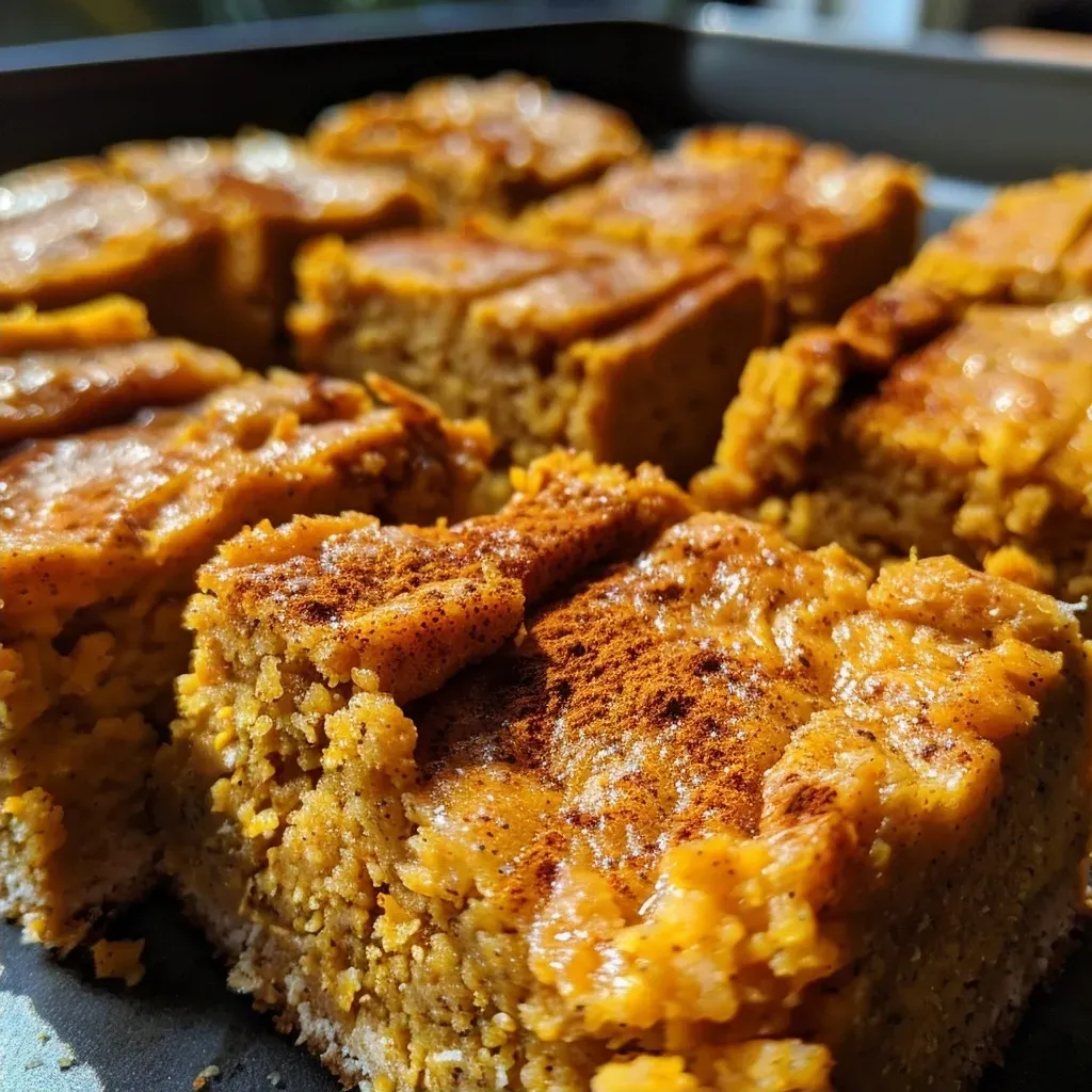 ['Close-up of Cottage Cheese Pumpkin Cake Bars showcasing a moist texture and vibrant orange color.', 'Side view of golden-brown Pumpkin Cake Bars with visible chunks and spices, served on a plate.', 'Delicious Cottage Cheese Pumpkin Cake Bars displayed with a rich pumpkin hue and topped lightly.', 'Juicy Pumpkin Cake Bars with a creamy texture and dusted with cinnamon, captured from the side.']