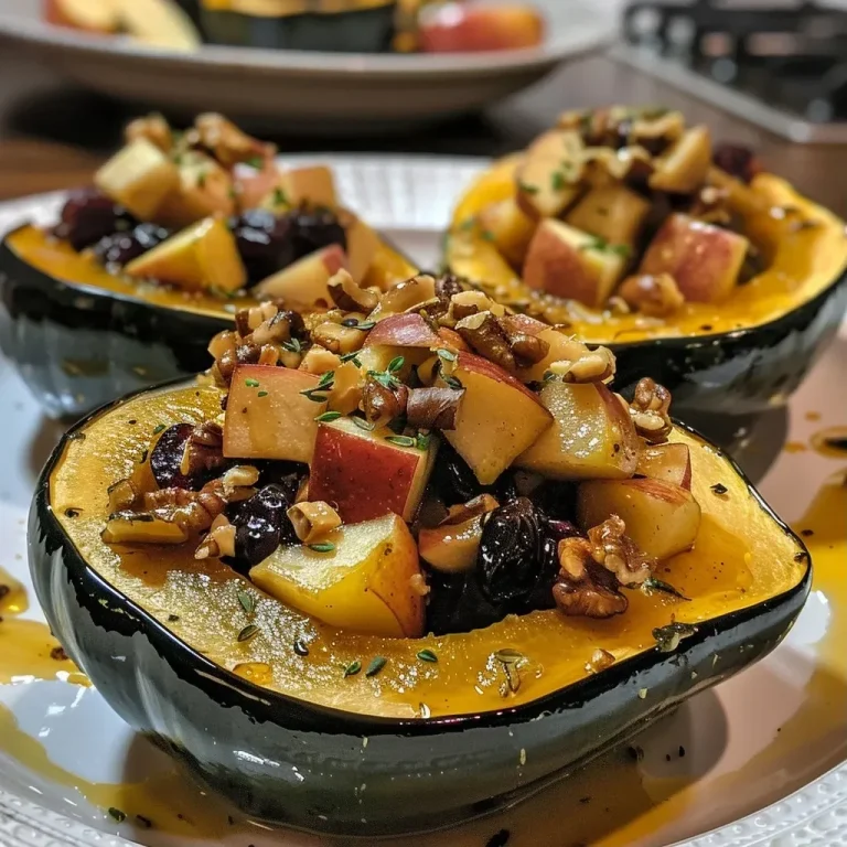 ['Juicy acorn squash filled with apple, walnut, and cranberry mixture.', 'Close-up view of a baked acorn squash stuffed with apples and nuts.', 'Side view of a cozy, stuffed acorn squash, showcasing colorful filling.', 'Deliciously prepared acorn squash filled with vibrant apple and cranberry blend.']