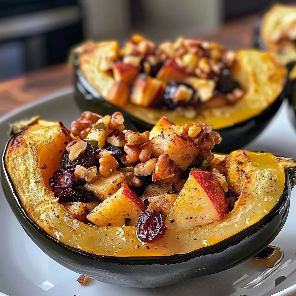 ['Juicy acorn squash filled with apple, walnut, and cranberry mixture.', 'Close-up view of a baked acorn squash stuffed with apples and nuts.', 'Side view of a cozy, stuffed acorn squash, showcasing colorful filling.', 'Deliciously prepared acorn squash filled with vibrant apple and cranberry blend.']