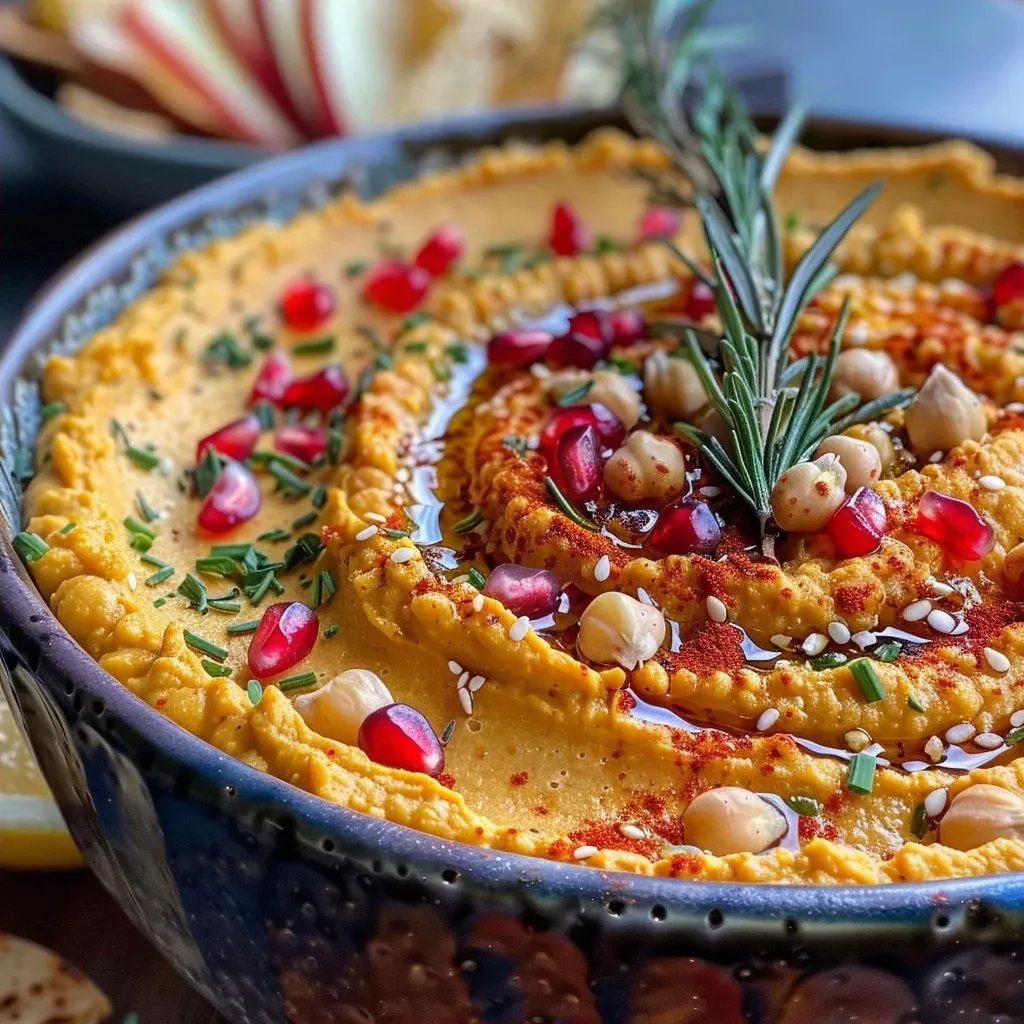 ['Close-up view of creamy pumpkin hummus garnished with olive oil and pomegranate arils.', 'Side view of a bowl of pumpkin hummus with a smooth texture and a sprinkle of roasted pepitas.', 'Rich pumpkin hummus displayed in a dish, surrounded by sliced apples and pita chips.', 'Creamy pumpkin hummus in a bowl, accented with finely chopped rosemary and vibrant colors.']