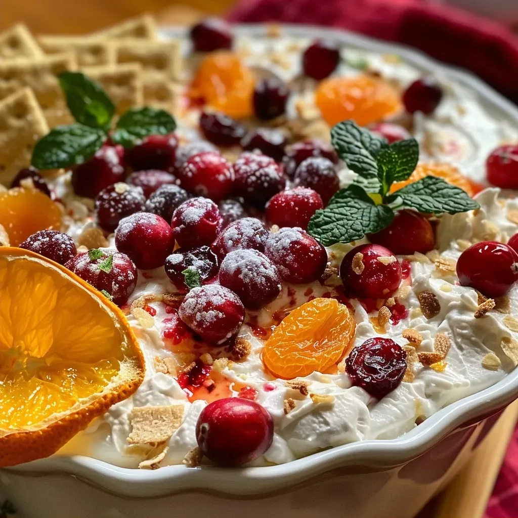 ['A side view of creamy Cranberry Orange dip presented in a bowl with crackers nearby.', 'Close-up of a rich Cranberry Orange Cream Cheese Dip garnished with mint leaves.', 'A bowl of vibrant Cranberry Orange dip with dried fruits and crackers on a wooden board.', 'Creamy dip featuring cranberries and orange zest, ready to be served with crackers.']