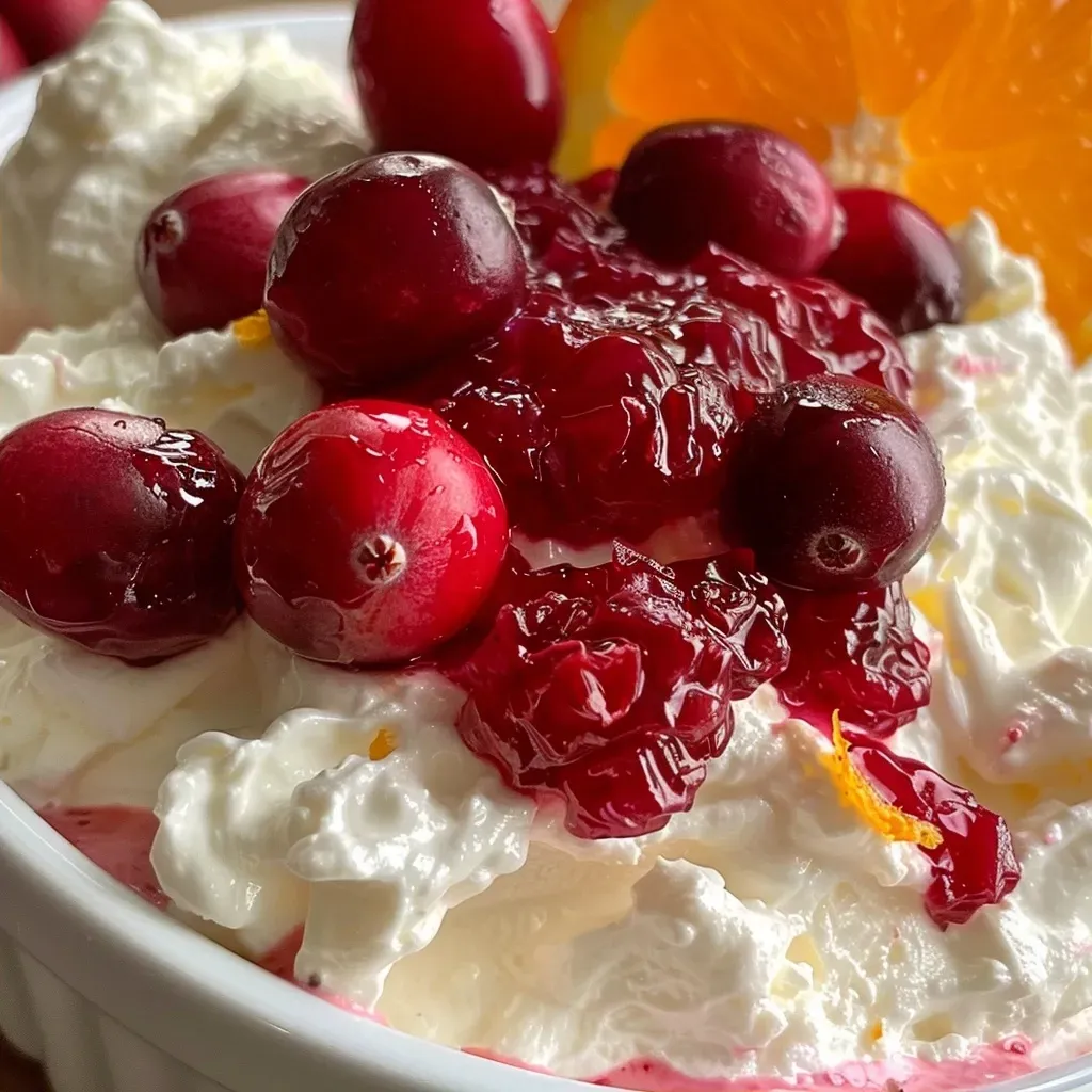 ['Close-up view of a creamy cranberry orange fruit dip served in a bowl.', 'Side view of a vibrant cranberry orange fruit dip with a smooth texture.', 'A luscious cranberry orange fruit dip in a decorative bowl, garnished with zest.', 'Close-up of a delicious fruit dip featuring cranberry sauce and orange zest.']