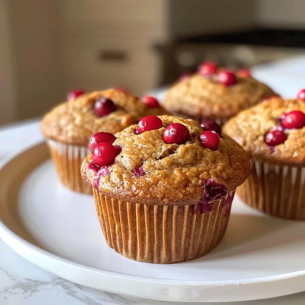 Close-up view of cranberry orange protein muffins showcasing their texture and color.