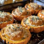 ['Close-up of creamy parmesan roasted mini pumpkins on a plate.', 'Side view of golden brown mini pumpkins drizzled with creamy sauce.', 'Juicy mini pumpkins topped with melted parmesan cheese.', 'Vibrant roasted mini pumpkins showcasing a creamy, cheesy glaze.']