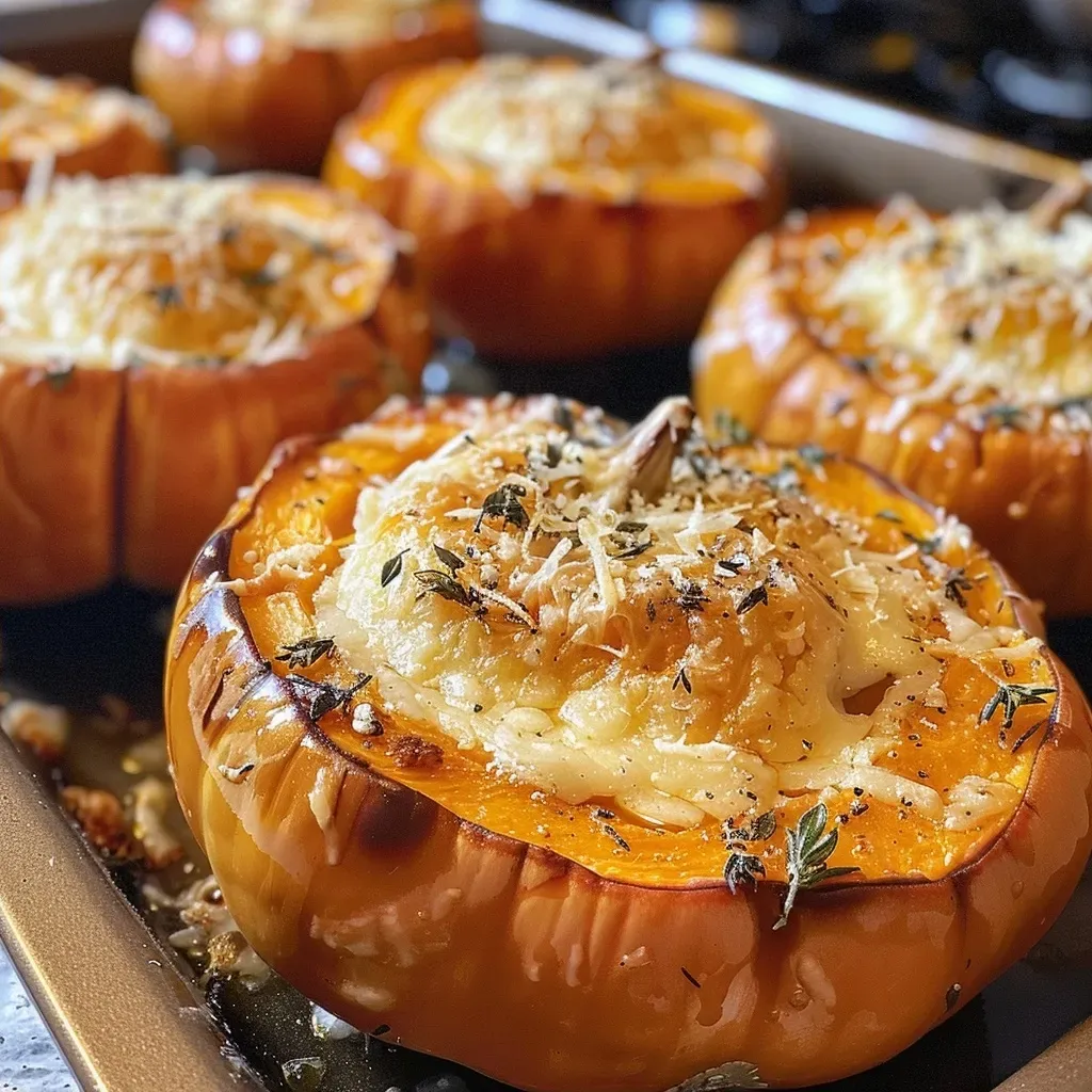 Close-up of creamy parmesan roasted mini pumpkins on a plate.