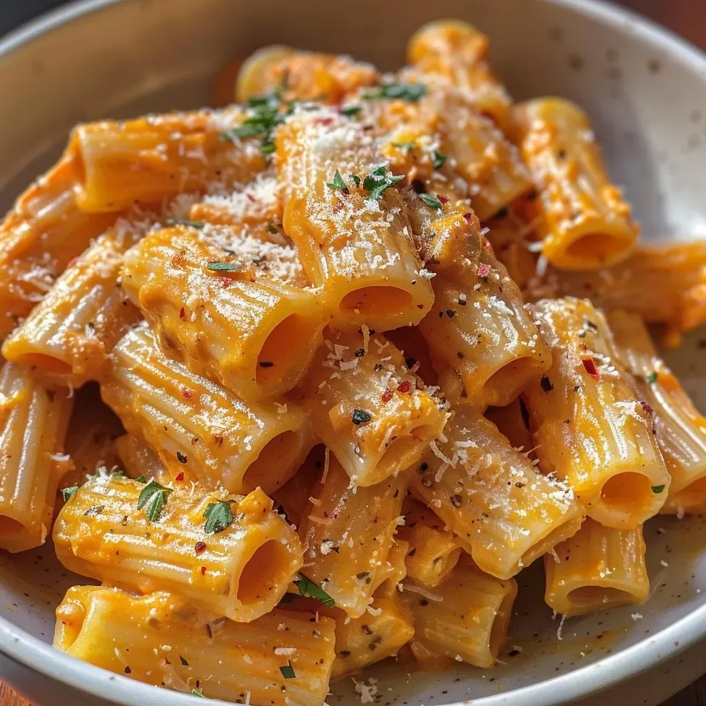 ['A close-up side view of creamy pumpkin pasta topped with Parmesan cheese and fresh spinach.', 'A delicious bowl of creamy pumpkin pasta featuring penne, visible garlic, and a rich sauce.', 'Close-up image of creamy pumpkin pasta highlighting the vibrant orange sauce and herbs.', 'Side view of a creamy pumpkin pasta dish garnished with grated cheese and baby spinach.']