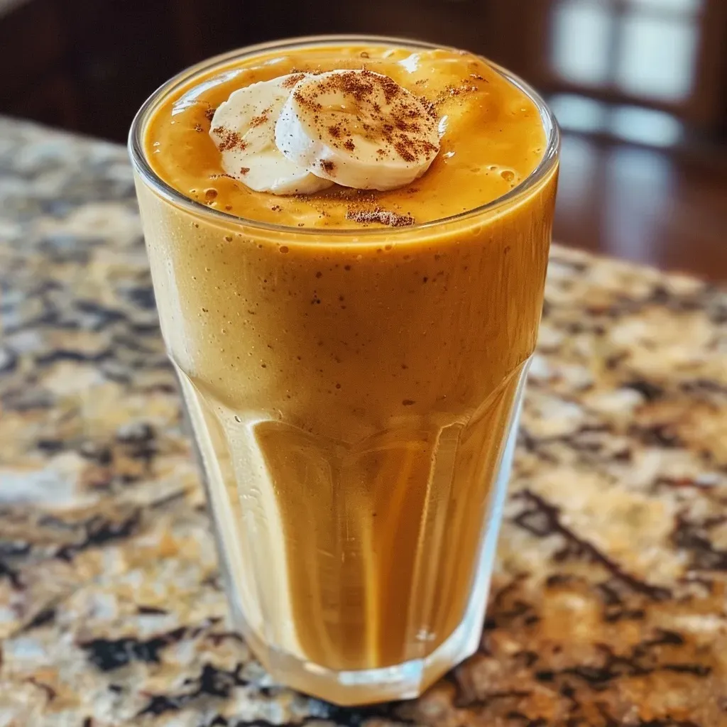 ['Close-up view of a creamy pumpkin smoothie in a glass with a straw.', 'Side view of a delicious pumpkin smoothie topped with a sprinkle of pumpkin pie spice.', 'Inviting creamy pumpkin smoothie in a clear glass, showcasing its rich texture.', 'Bright and vibrant pumpkin smoothie, with visible banana and creamy yogurt ingredients.']
