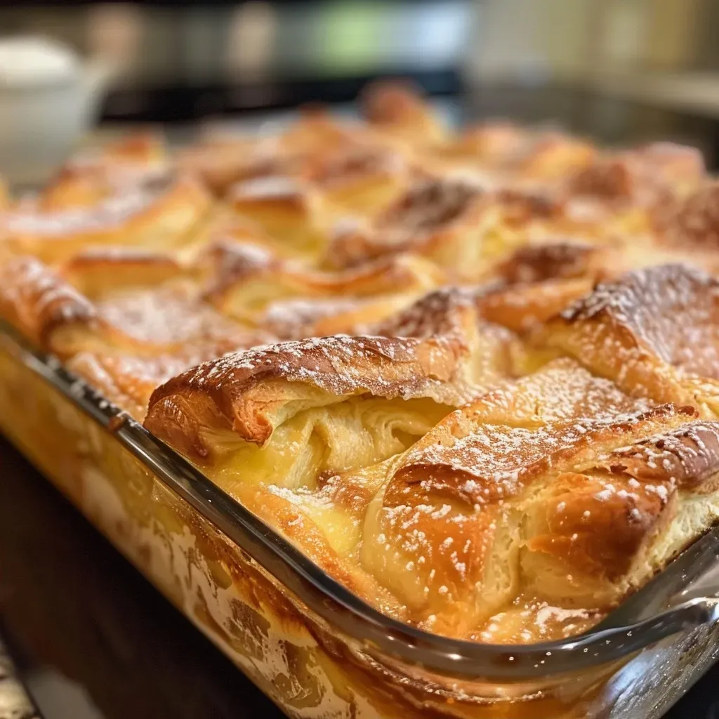 ['Close-up of a delectable Crescent Roll French Toast Bake with cream cheese and cinnamon topping.', 'Side view of a rich and fluffy Crescent Roll French Toast Bake, showcasing layers of creamy filling.', 'Juicy slices of Crescent Roll French Toast Bake drizzled with syrup, highlighting its golden crust.', 'Plated Crescent Roll French Toast Bake with a sprinkle of powdered sugar and a creamy texture.']