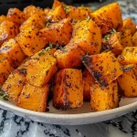 ['Close-up view of crispy, golden-brown butternut squash cubes on a plate.', 'Side angle of air-fried butternut squash pieces, showcasing a crunchy texture and rich color.', 'Juicy crispy butternut squash cubes enhanced with spices, captured in high resolution.', 'Deliciously roasted butternut squash cubes, glistening with olive oil and seasoning.']