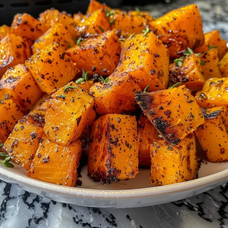 ['Close-up view of crispy, golden-brown butternut squash cubes on a plate.', 'Side angle of air-fried butternut squash pieces, showcasing a crunchy texture and rich color.', 'Juicy crispy butternut squash cubes enhanced with spices, captured in high resolution.', 'Deliciously roasted butternut squash cubes, glistening with olive oil and seasoning.']