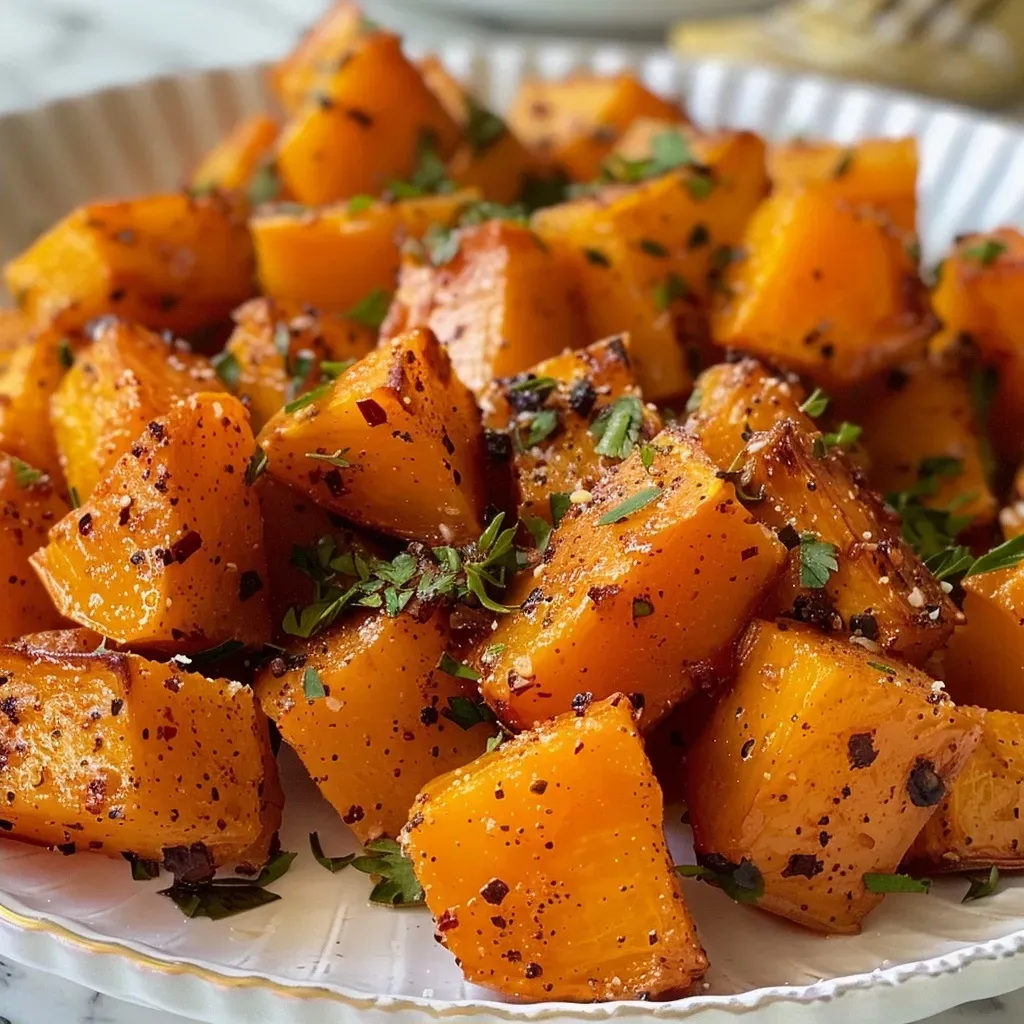 ['Close-up view of crispy, golden-brown butternut squash cubes on a plate.', 'Side angle of air-fried butternut squash pieces, showcasing a crunchy texture and rich color.', 'Juicy crispy butternut squash cubes enhanced with spices, captured in high resolution.', 'Deliciously roasted butternut squash cubes, glistening with olive oil and seasoning.']