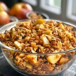 ['Close-up view of crispy apple pie granola with visible oats and apple cubes.', 'Side view of a bowl filled with apple pie granola showcasing cinnamon and walnut pieces.', 'Juicy and crumbly granola mixture, featuring chunks of apple and a golden-brown texture.', 'Image of homemade granola with oats, walnuts, and spices, highlighting its crunchy appeal.']