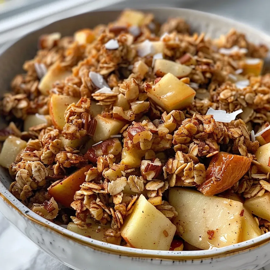 Close-up view of crispy apple pie granola with visible oats and apple cubes.