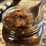 ['Close-up of a rich, glossy Crockpot Fig Butter in a jar.', 'Side view of homemade fig butter with figs and spices surrounding it.', 'Freshly made fig butter in a glass jar, showcasing its thick texture.', 'Spoonful of fig butter with ingredients in the background.']
