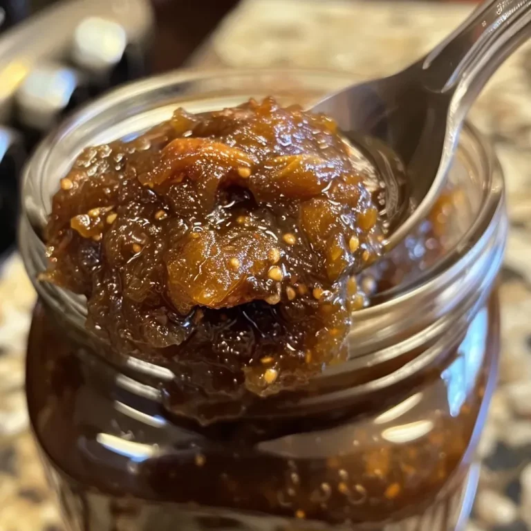 ['Close-up of a rich, glossy Crockpot Fig Butter in a jar.', 'Side view of homemade fig butter with figs and spices surrounding it.', 'Freshly made fig butter in a glass jar, showcasing its thick texture.', 'Spoonful of fig butter with ingredients in the background.']