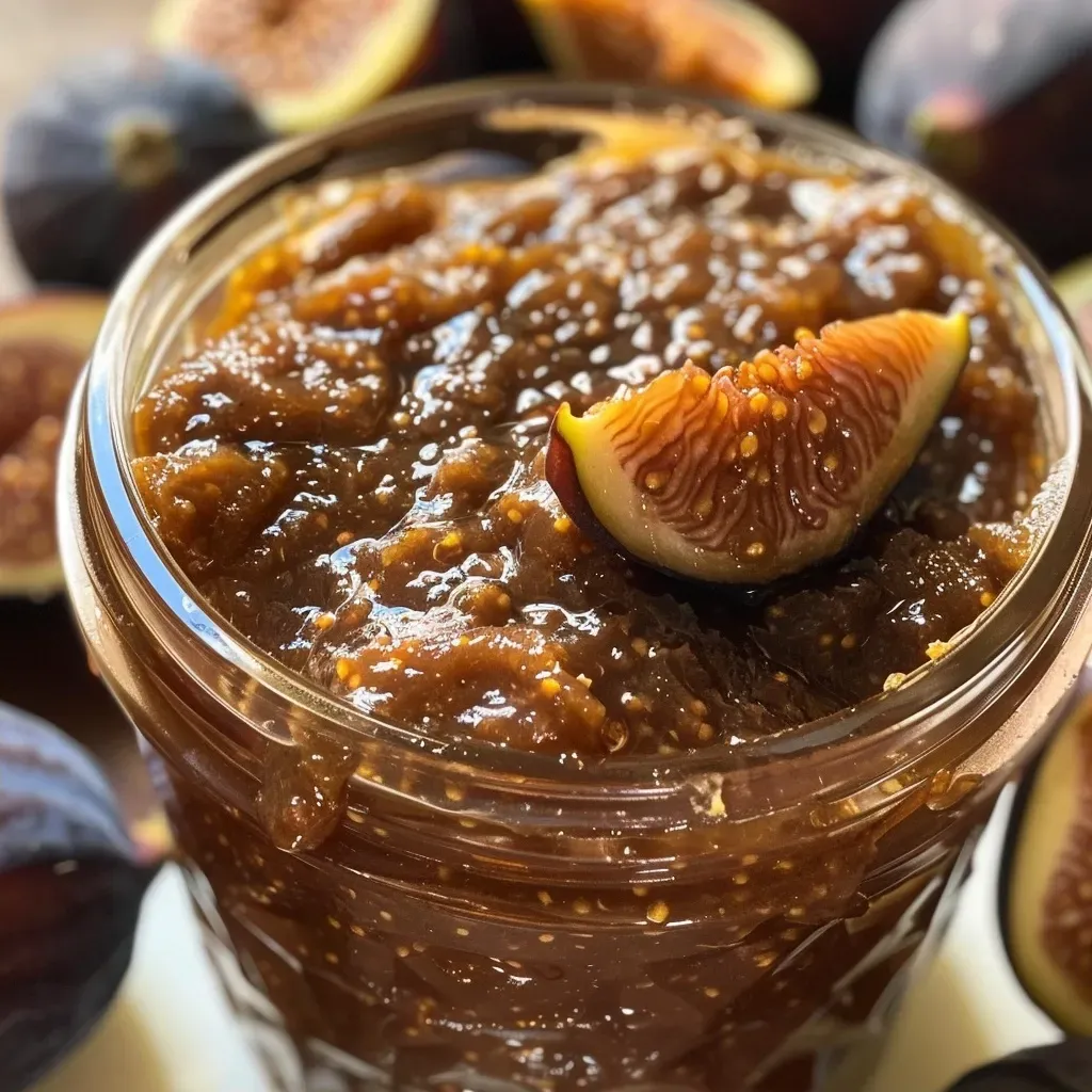 Close-up of a rich, glossy Crockpot Fig Butter in a jar.