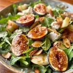 ['Close-up of a colorful salad featuring dried figs, sliced apples, ricotta cheese, and toasted almonds.', 'A vibrant salad bowl with greens, dried figs, apple slices, ricotta, and almonds, drizzled with vinaigrette.', 'Side view of a delicious salad showcasing mixed greens, figs, apples, ricotta, and toasted almonds.', 'Fresh salad arranged with quartered dried figs, thinly sliced apples, soft ricotta cheese, and almond slices.']