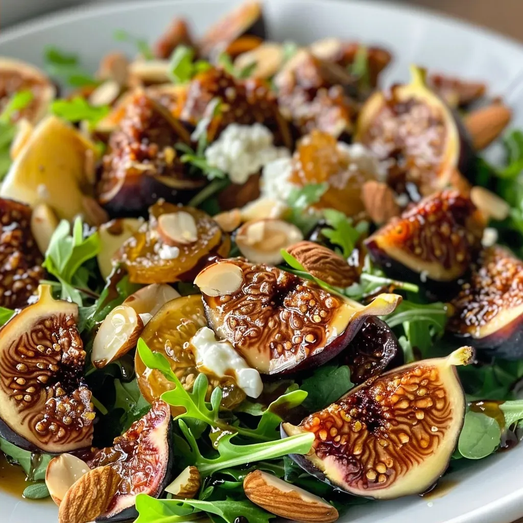 ['Close-up of a colorful salad featuring dried figs, sliced apples, ricotta cheese, and toasted almonds.', 'A vibrant salad bowl with greens, dried figs, apple slices, ricotta, and almonds, drizzled with vinaigrette.', 'Side view of a delicious salad showcasing mixed greens, figs, apples, ricotta, and toasted almonds.', 'Fresh salad arranged with quartered dried figs, thinly sliced apples, soft ricotta cheese, and almond slices.']