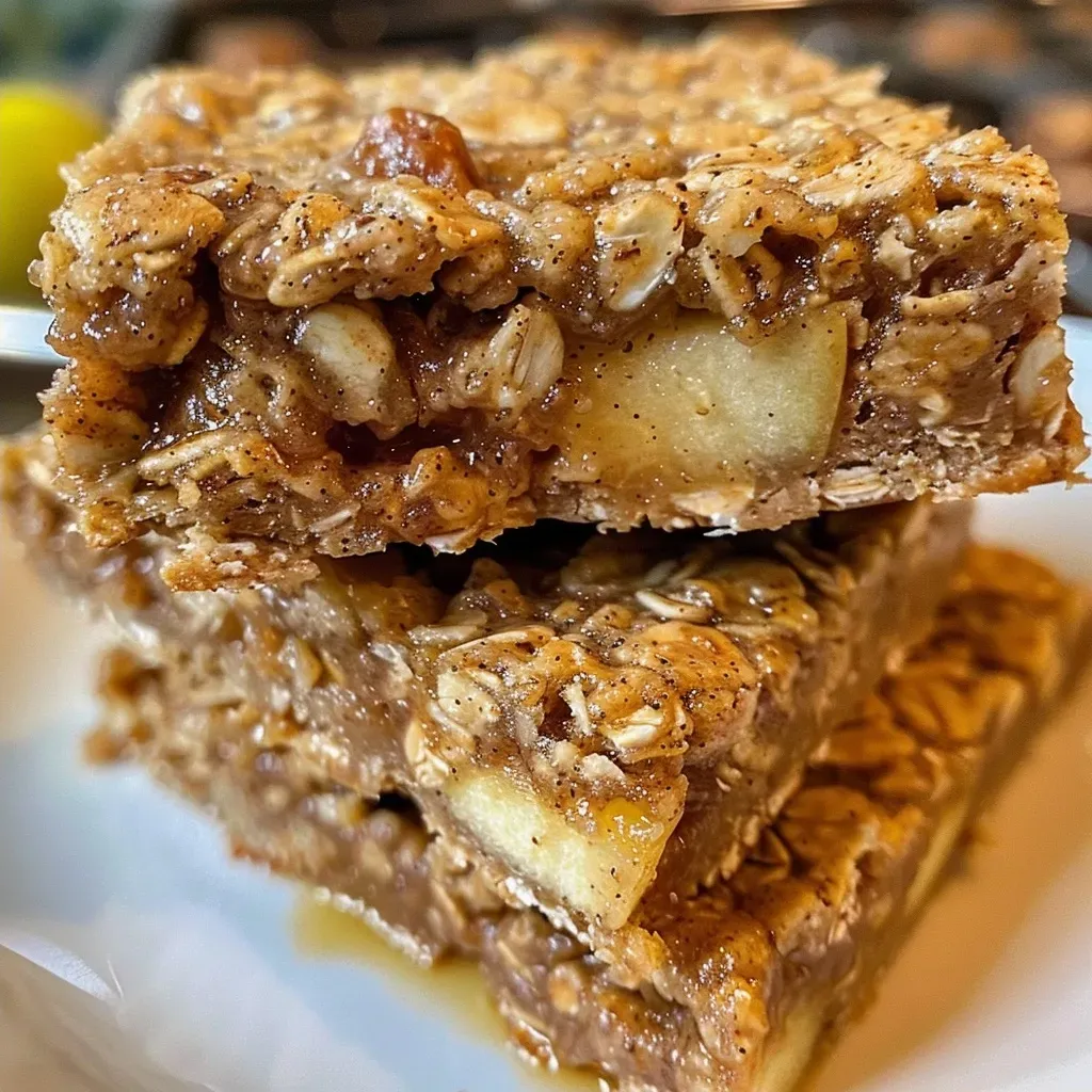 ['Close-up view of healthy apple cinnamon breakfast bars with oats and apple chunks.', 'Side view of delicious breakfast bars featuring visible apple pieces and walnuts.', 'Juicy apple cinnamon breakfast bars served on a plate with a rustic background.', 'Photo of easy breakfast bars showcasing a mix of oats, apples, and cinnamon.']