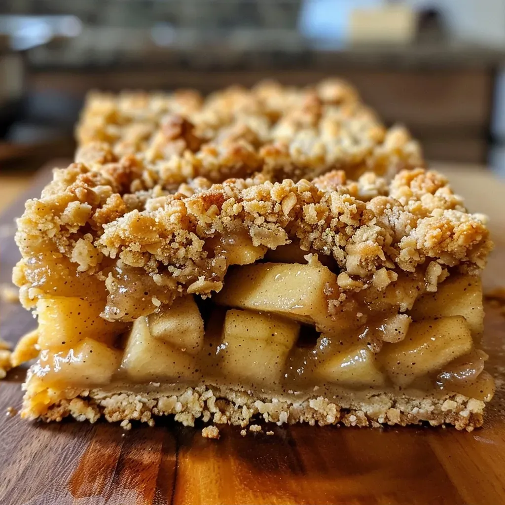 ['Close-up view of Easy Apple Crisp Bars with a golden topping and fresh apple slices.', 'Side angle photo of baked apple crisp bars showcasing a crunchy topping and juicy apple filling.', 'Detailed shot of Easy Apple Crisp Bars revealing layers of apples and brown sugar crust.', 'Appetizing image of apple crisp bars with a crumbly topping, highlighting their deliciousness.']