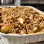 ['Close-up view of a golden apple crisp topped with oats and a sprinkle of cinnamon.', 'Side angle of baked apple crisp showing layers of apples and crisp topping.', 'Juicy apple crisp in a baking dish, featuring chopped apples and a crunchy oat topping.', 'Delicious homemade apple crisp with golden apples and a brown sugar crust.']