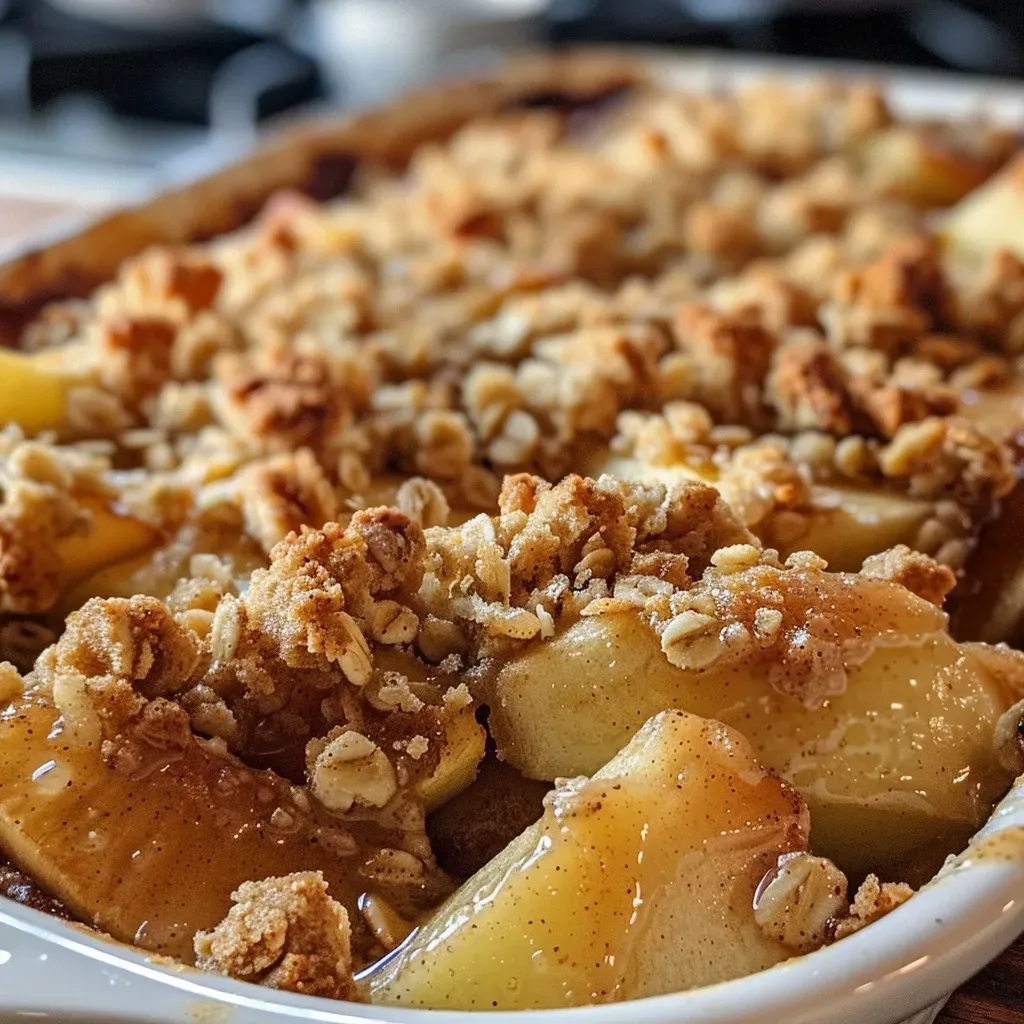 Close-up view of a golden apple crisp topped with oats and a sprinkle of cinnamon.