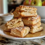 ['Close-up side view of freshly baked apple scones with a cider glaze.', 'Juicy apple scones drizzled with cider glaze, showing diced apple pieces.', 'Delicious golden-brown apple scones featuring a glossy glaze and apple chunks.', 'Warm apple scones with a shiny cider glaze, highlighting their flaky texture.']