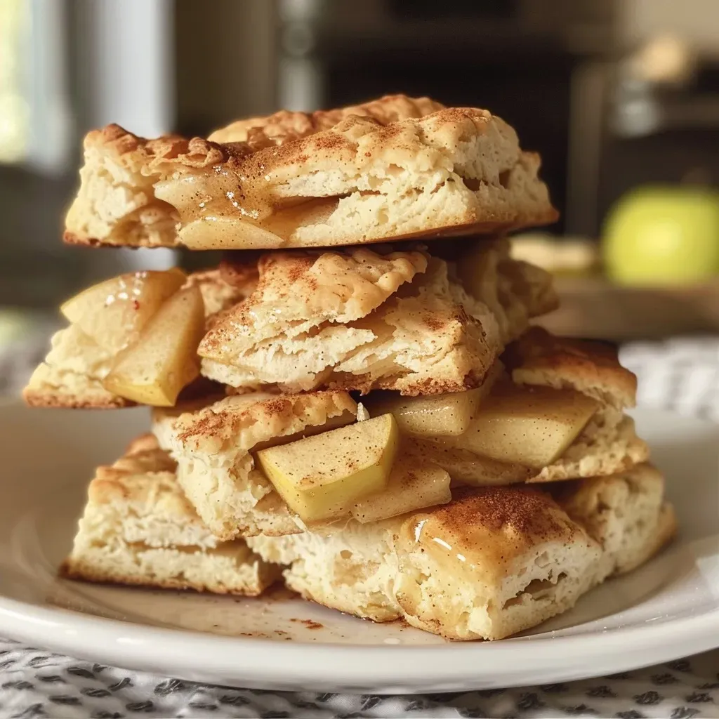 Close-up side view of freshly baked apple scones with a cider glaze.