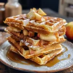['Close-up view of fluffy apple waffles drizzled with syrup.', 'Side view of delicious apple waffles topped with a sprinkle of cinnamon.', 'Juicy apple-studded waffles arranged on a plate, ready to eat.', 'Appetizing close-up of Easy Apple Waffles garnished with fresh apple slices.']