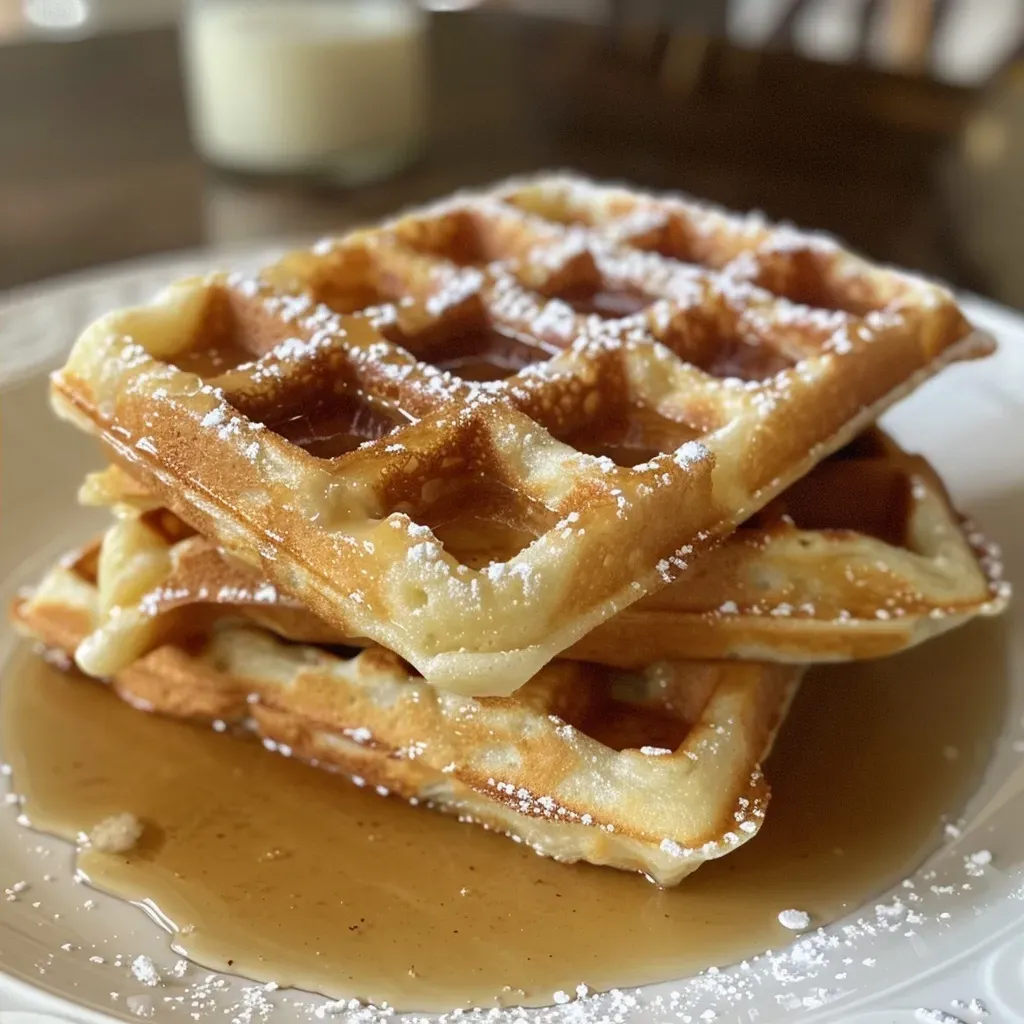 Close-up view of fluffy apple waffles drizzled with syrup.