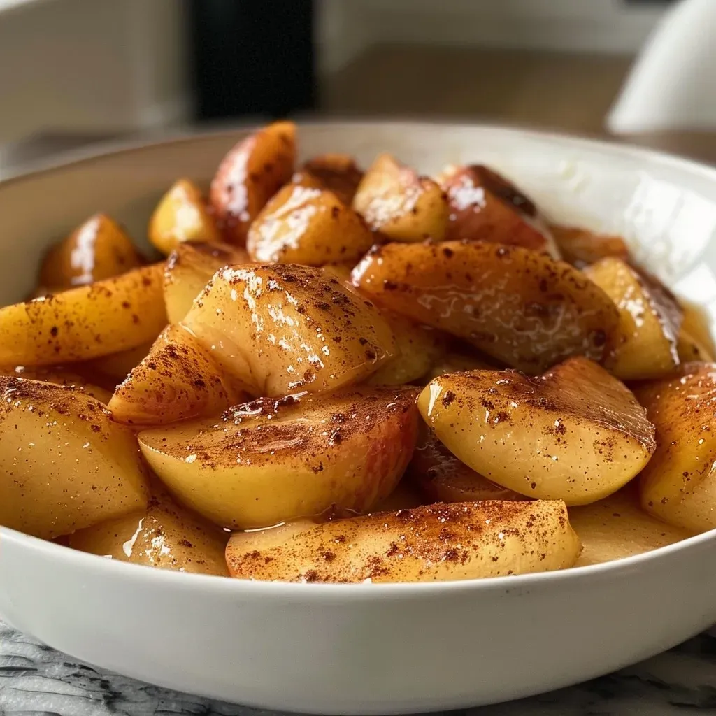 ['Close-up view of chopped apples coated with cinnamon and syrup.', 'Juicy cinnamon apples in a bowl, showing texture and ingredients.', 'Side view of shiny, caramelized apples sprinkled with cinnamon.', 'Glazed apples with a hint of cinnamon and butter, ready to serve.']