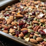 ['Close-up of maple roasted trail mix with almonds and pecans.', 'Side view of a bowl filled with colorful trail mix ingredients.', 'Juicy trail mix featuring dried fruits and nuts in a rustic setting.', 'Tasty maple roasted trail mix displayed with coconut and seeds.']