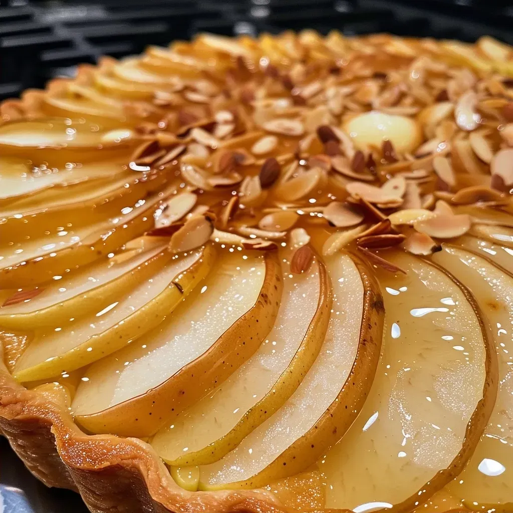 A close-up side view of a pear tart with thinly sliced Anjou pears on top.
