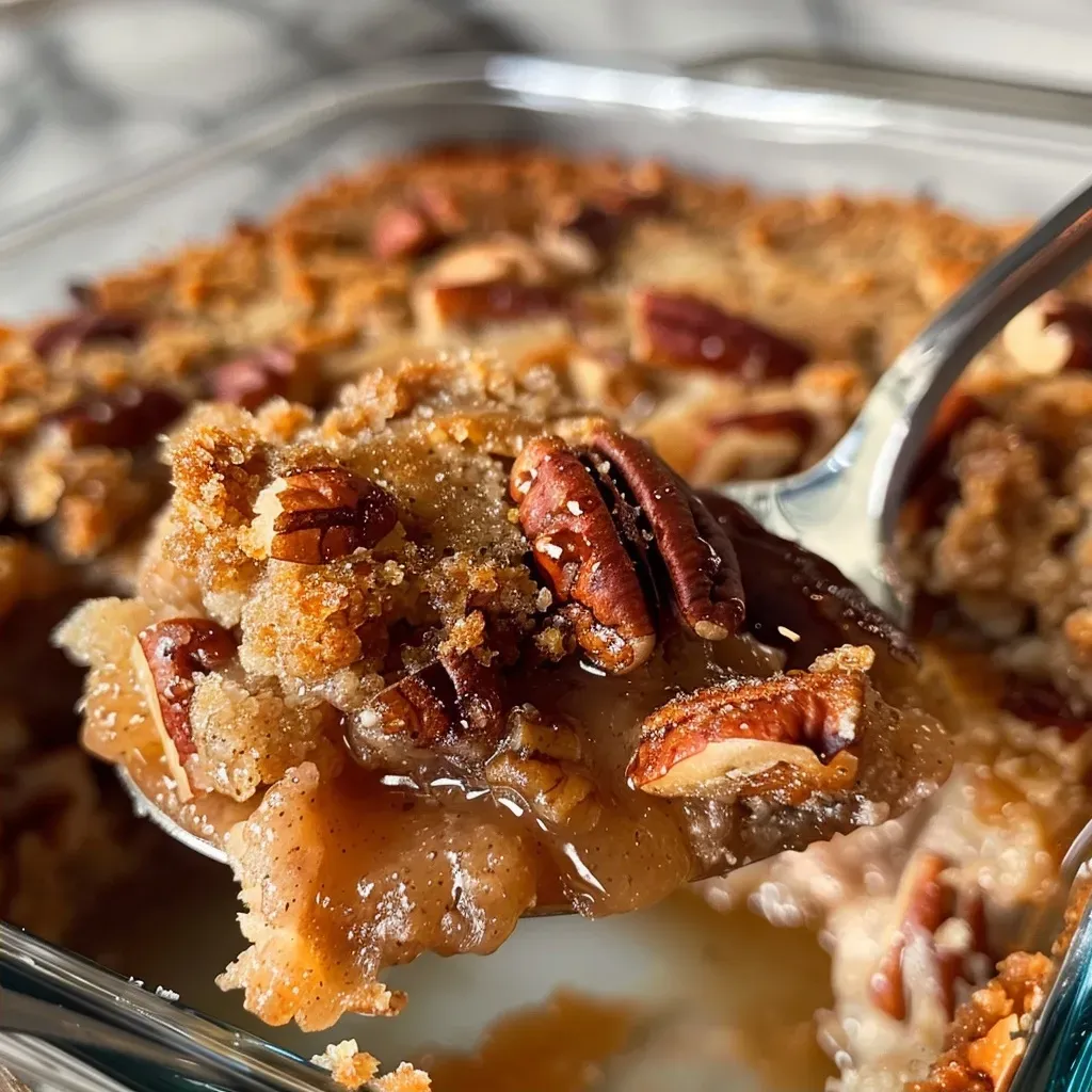 Close-up of a slice of Easy Pecan Cobbler showing a golden crust and rich pecan topping.